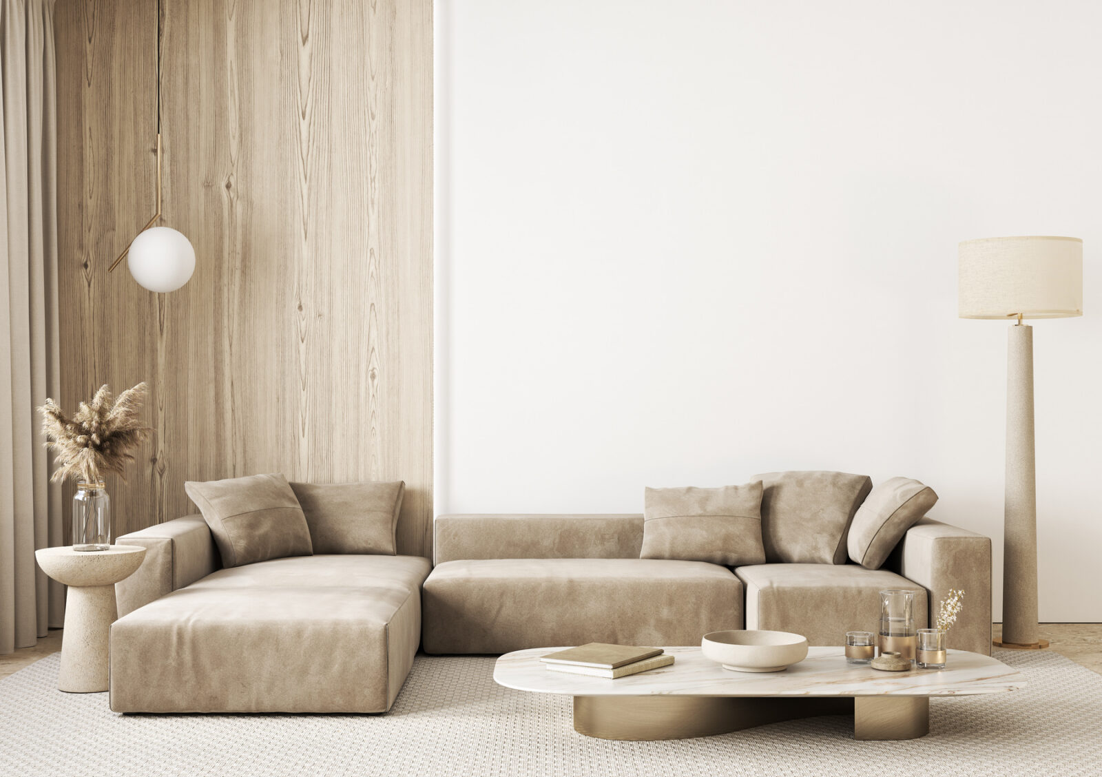 Beżowa sofa w przytulnym wnętrzu